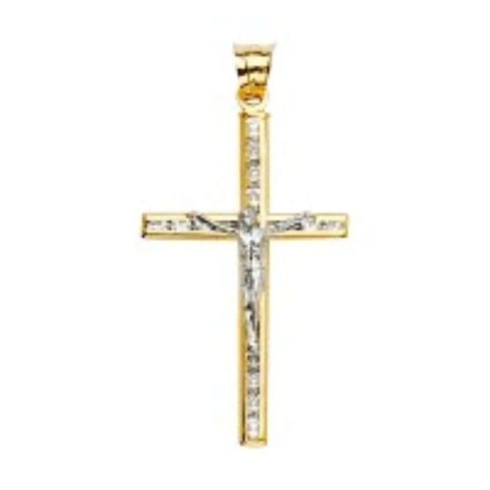 Solid 14K 2 Tone CZ Crucifix Cross Pendant